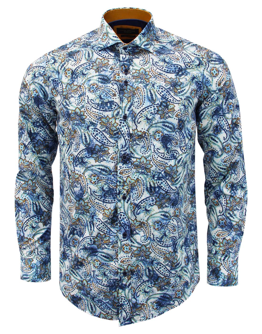 GUIDE LONDON Men's Retro 60s Mod Smudgy Paisley Floral Shirt