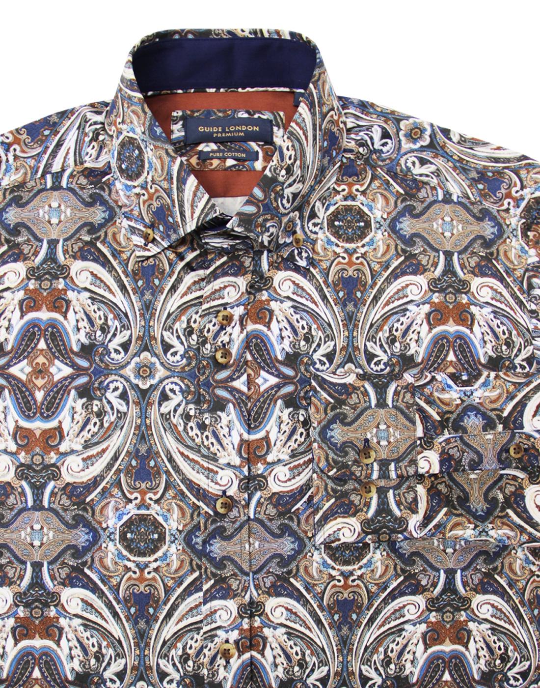 GUIDE LONDON Men's Retro 1960s Mod Ornate Paisley Shirt in Navy