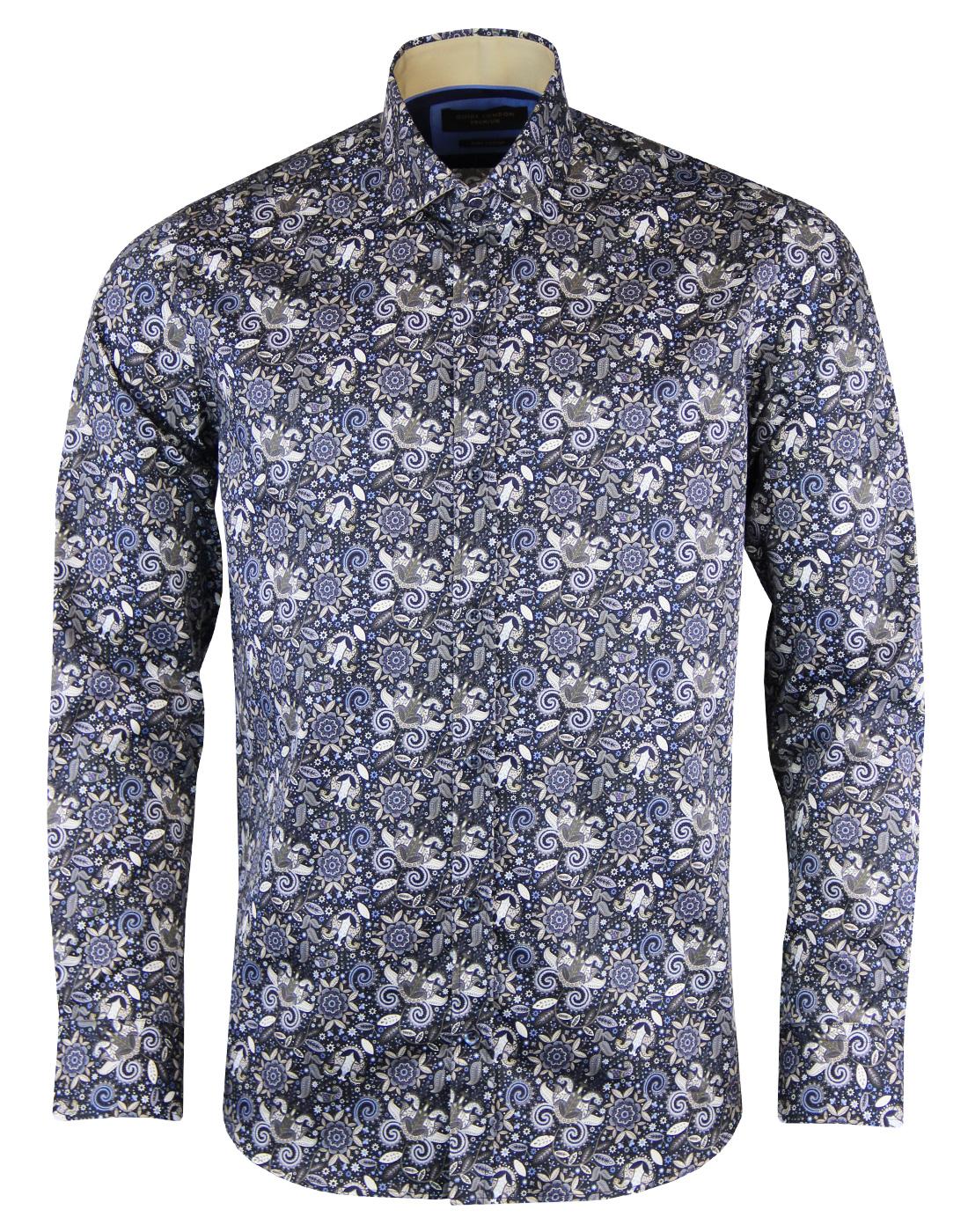 GUIDE LONDON 1960s Mod Floral Paisley Spread Collar Shirt in Navy