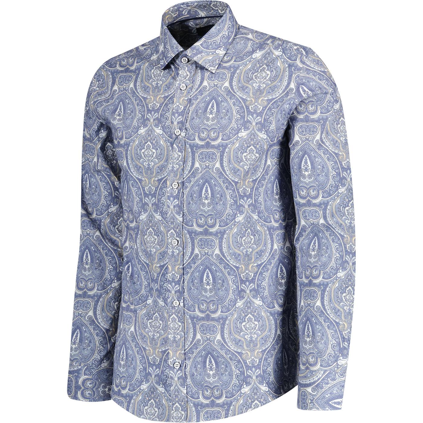 Guide London Vintage Paisley Print Retro L/S Shirt in White Blue