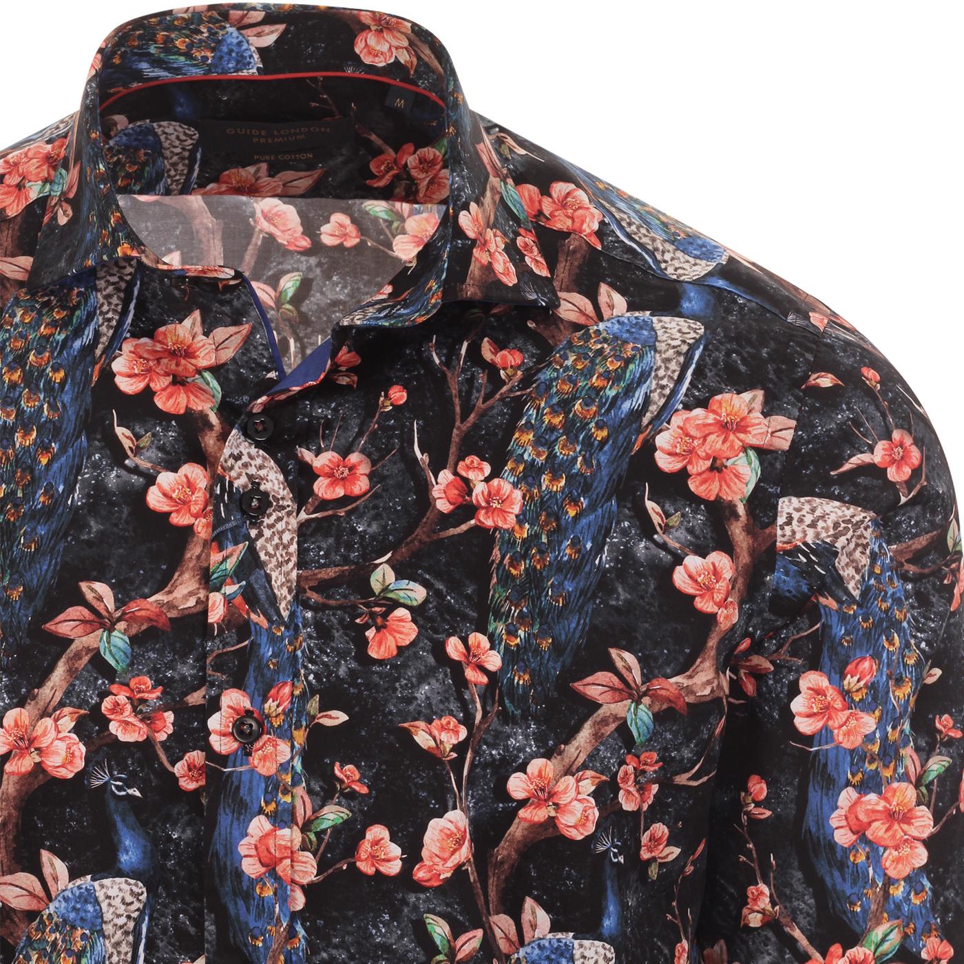 GUIDE LONDON Men's Retro Mod Peacock Floral Shirt in Navy
