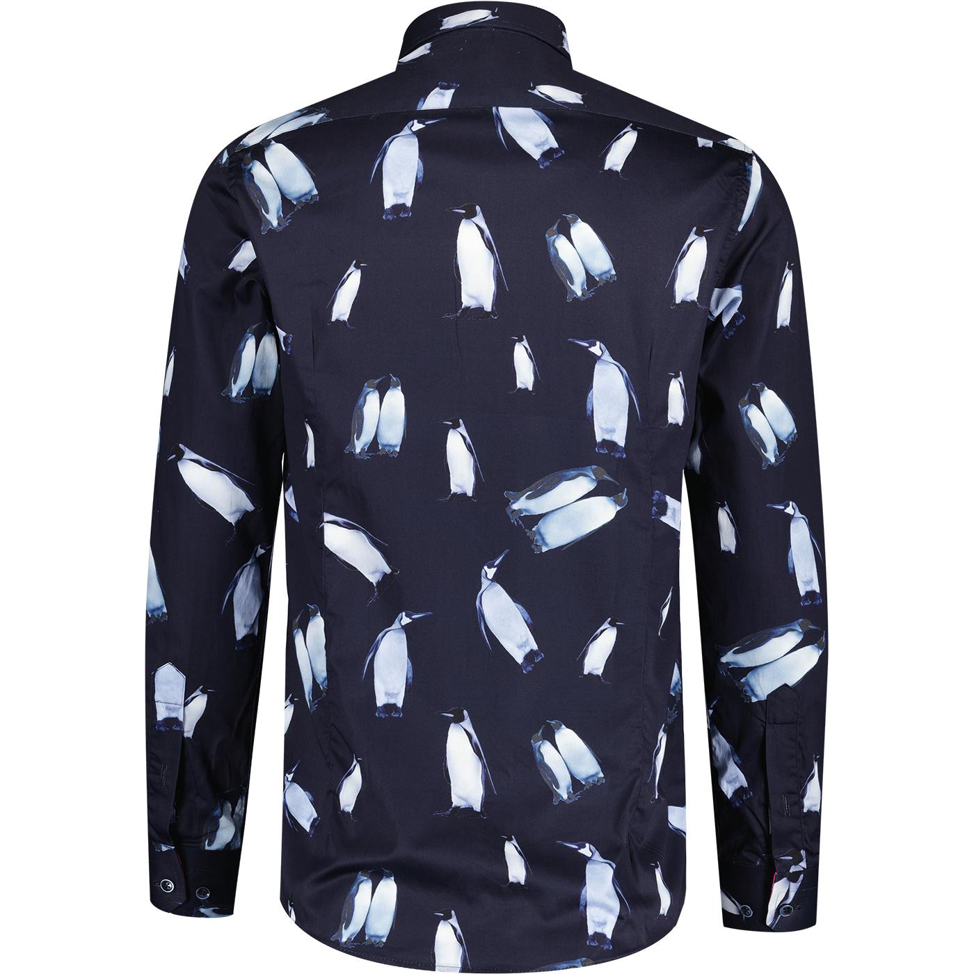 Guide London Bold Penguin Print Long Sleeve Cotton Shirt Navy