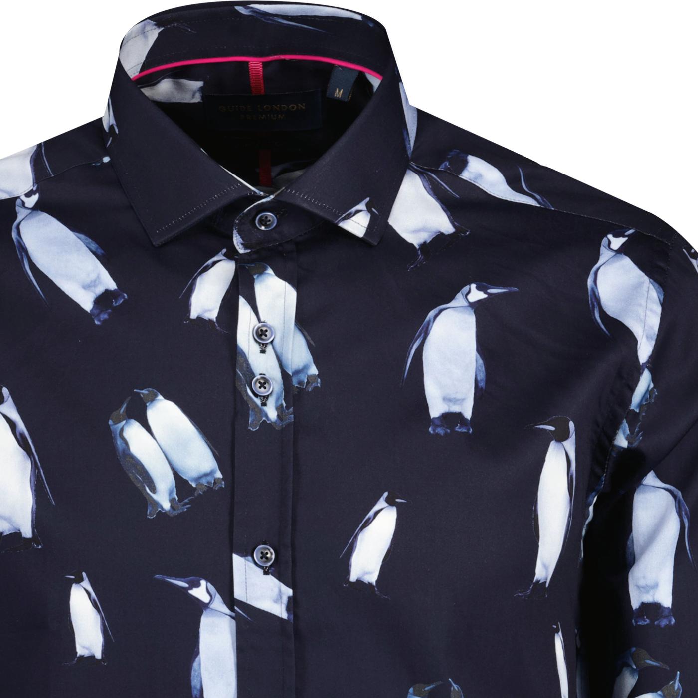 Guide London Bold Penguin Print Long Sleeve Cotton Shirt Navy