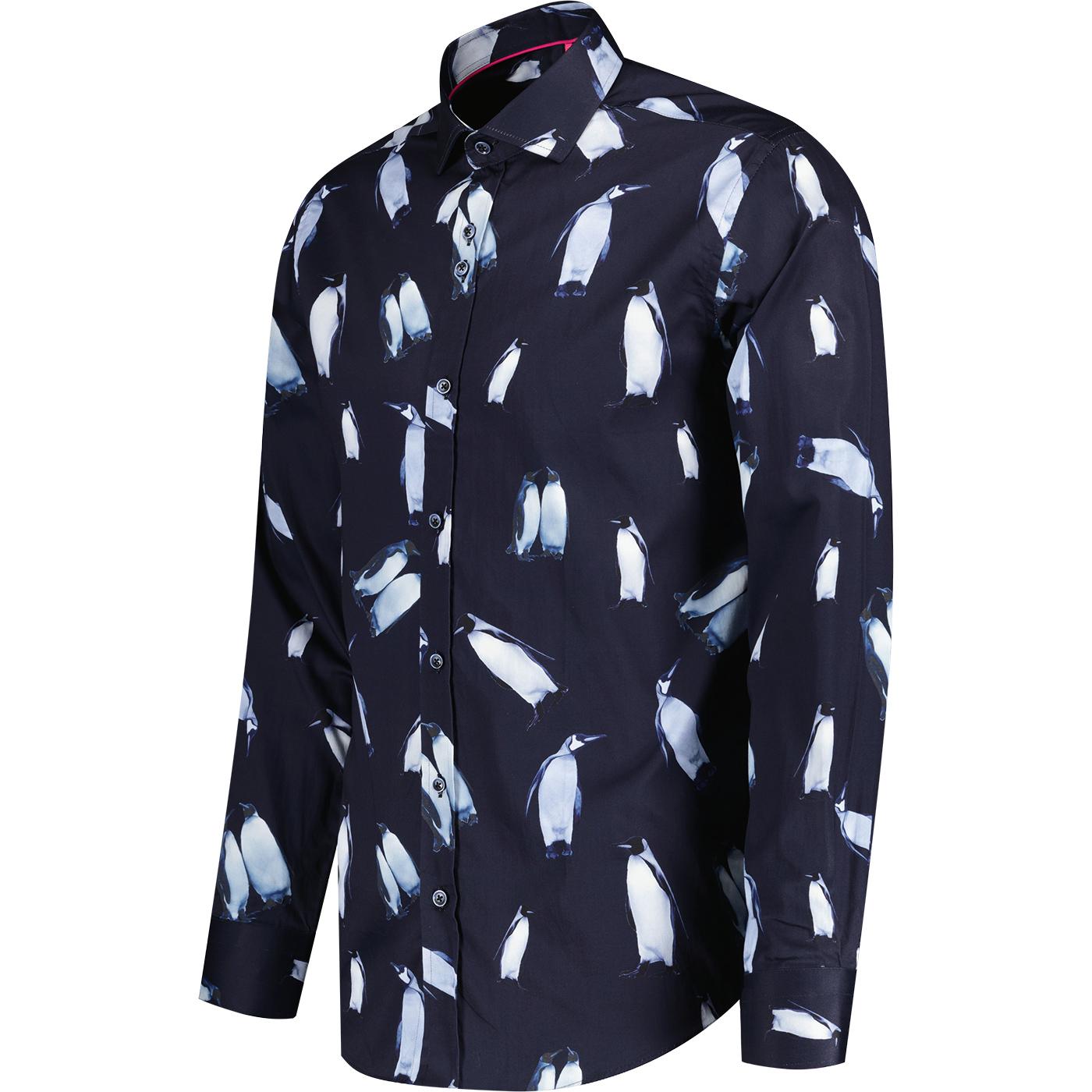 Guide London Bold Penguin Print Long Sleeve Cotton Shirt Navy