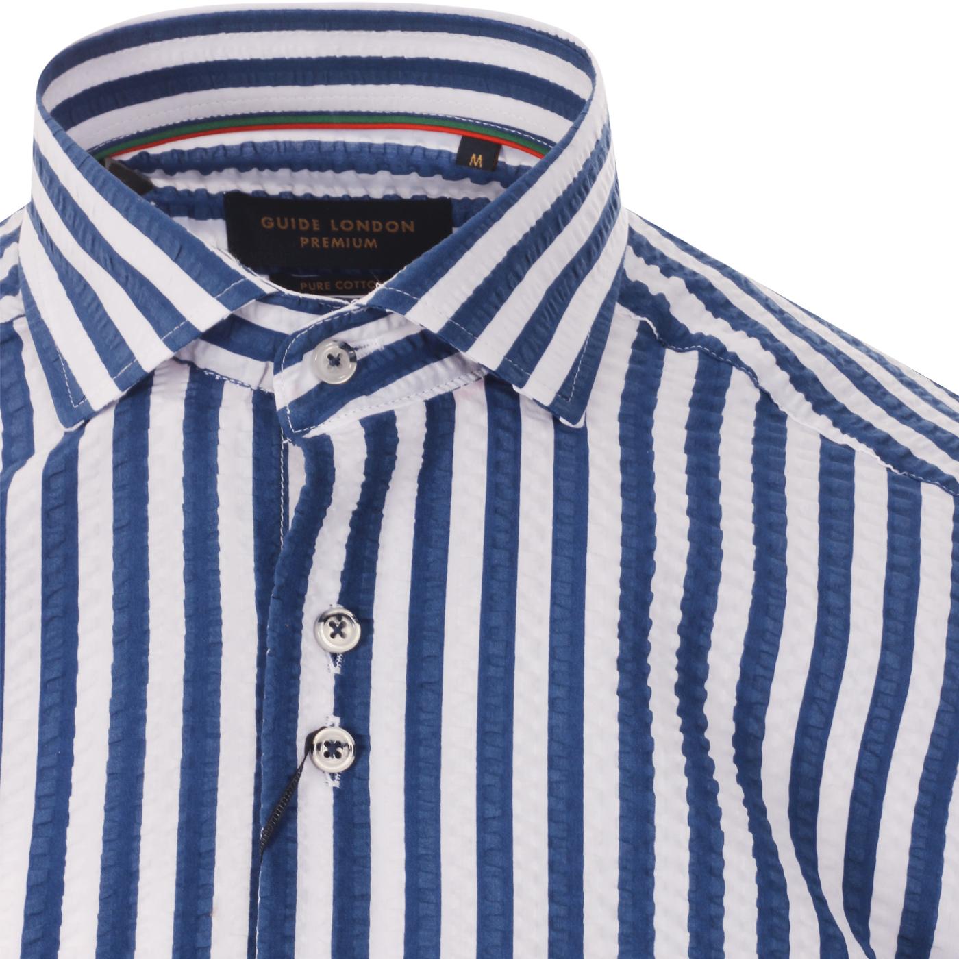 GUIDE LONDON 60s Mod Stripe Seersucker Shirt in White/Blue