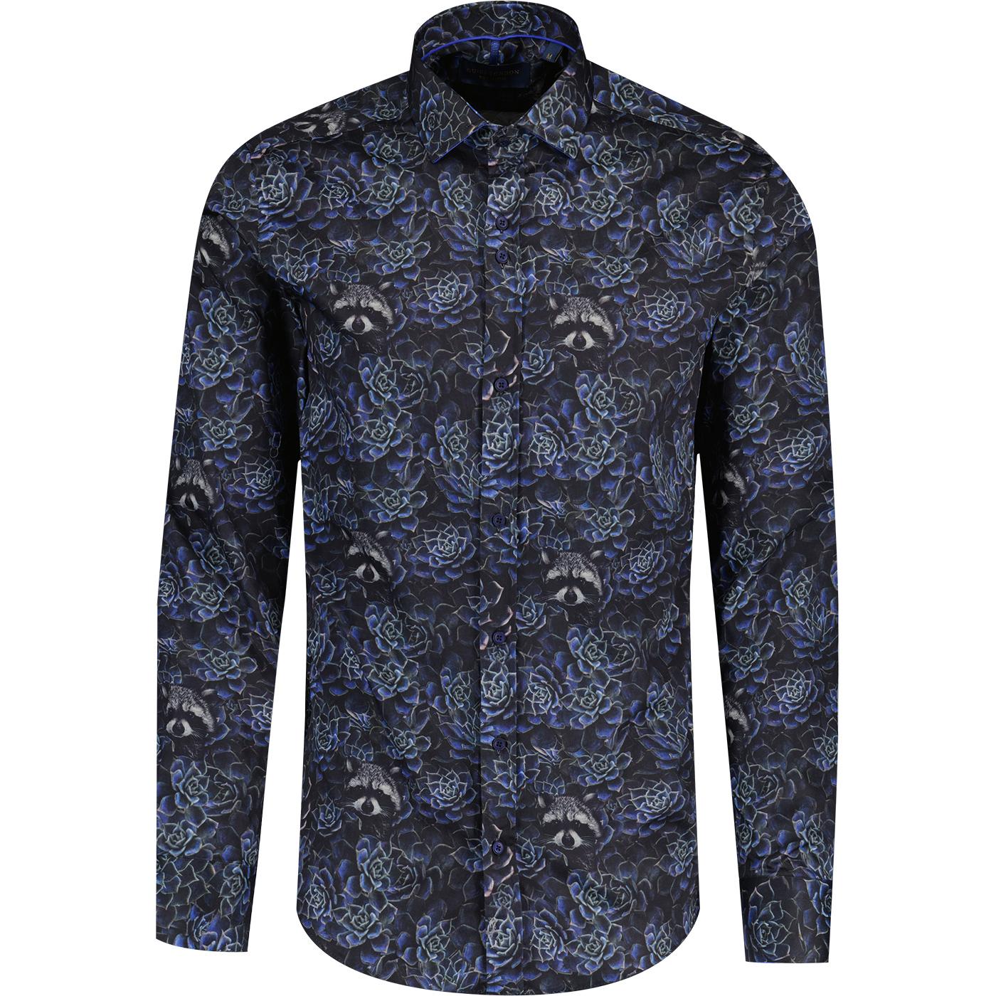 Guide London Retro Racoon Floral Print L/S Shirt in Black Navy