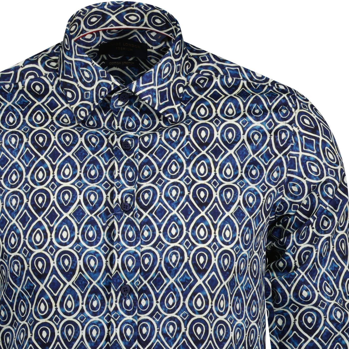 GUIDE LONDON 60s Retro Aztec Print Shirt in Navy & White