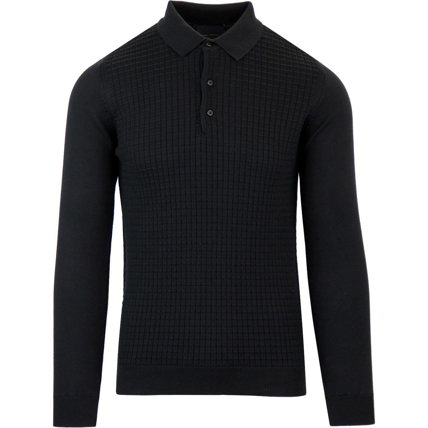 GUIDE LONDON Men's 1960s Mod Waffle Knit Polo Shirt Black