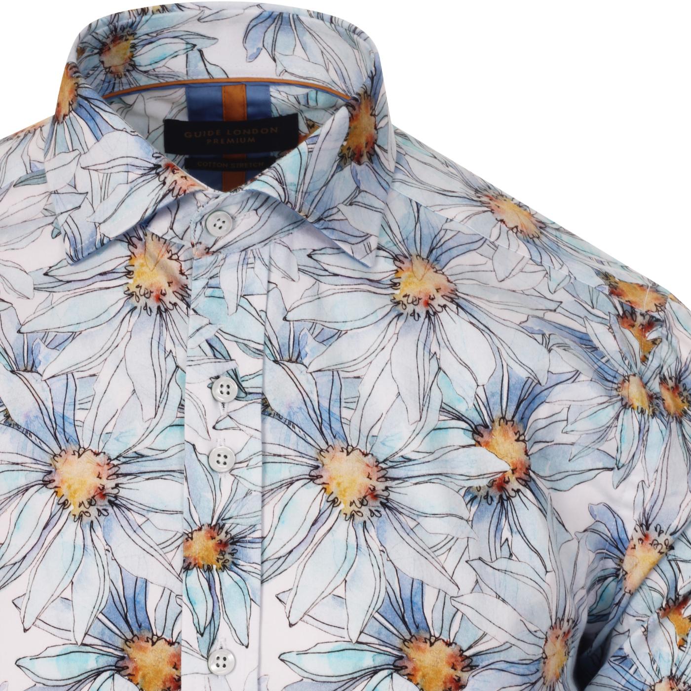 GUIDE LONDON Retro Mod Painted Daisy Floral Shirt in Blue
