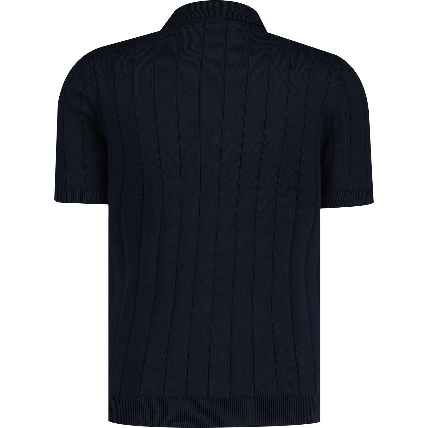 Guide London Retro Mod Ribbed Knit Zip Neck Polo Shirt Navy