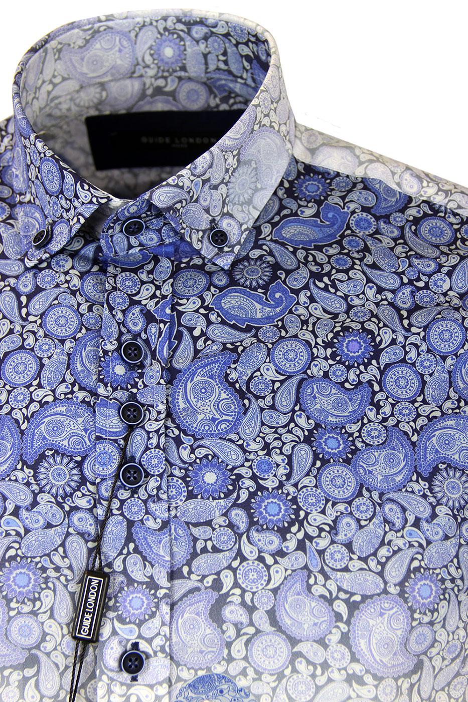 GUIDE LONDON Gradient Paisley Print Retro 60s Mod Shirt in Blue