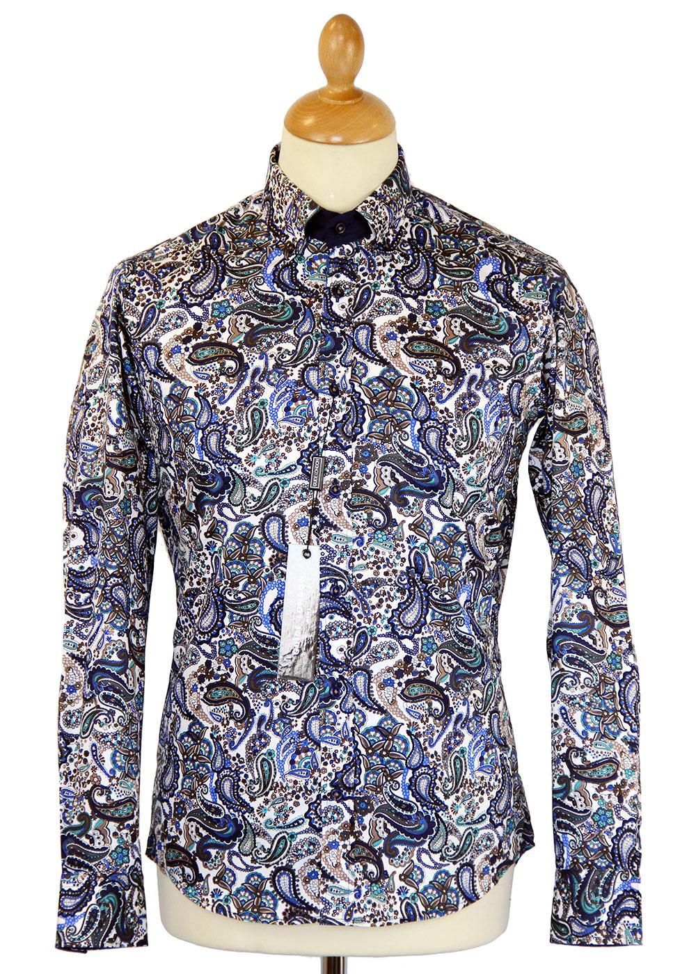 GUIDE LONDON Floral Multi Paisley Retro 60s Mod Shirt in Navy