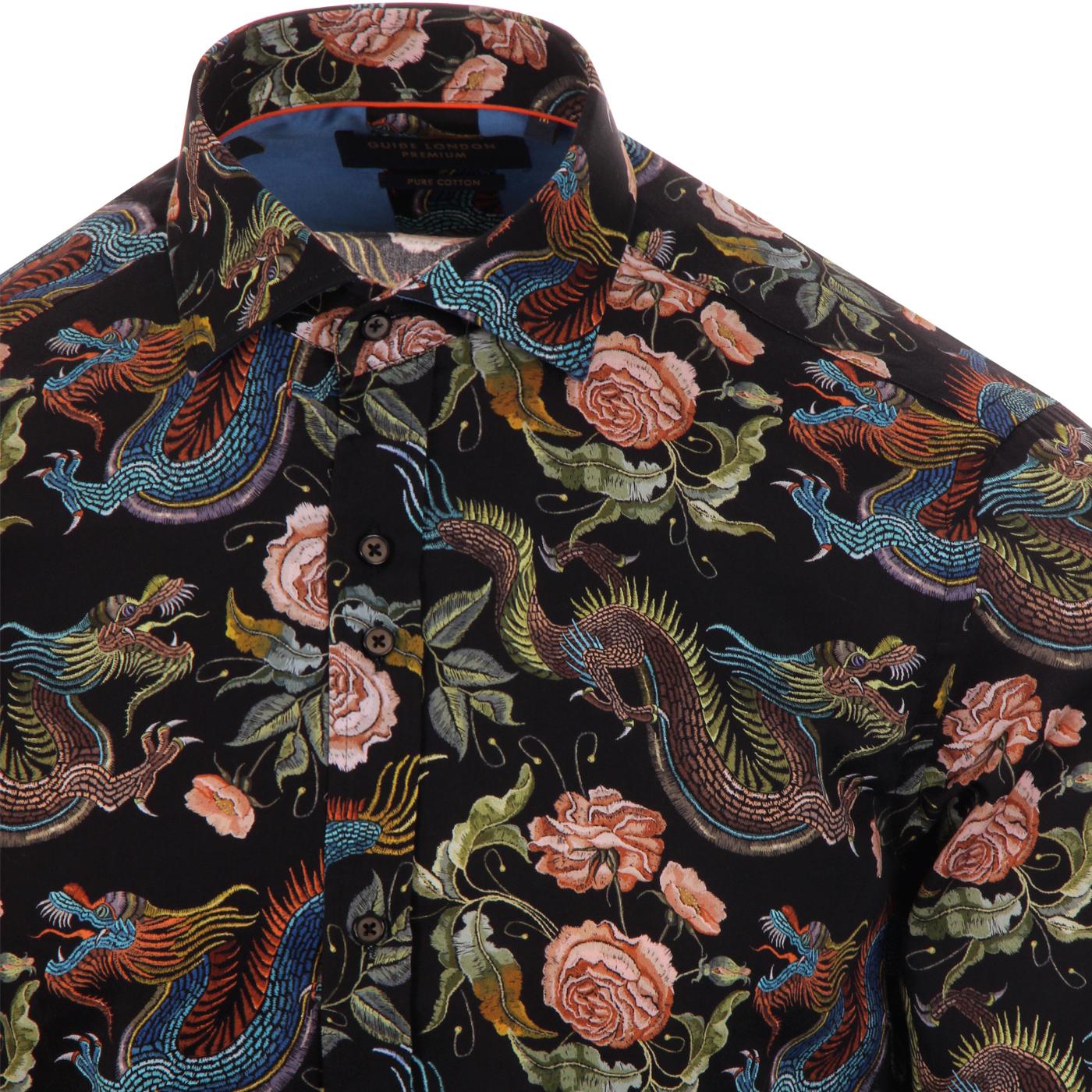 GUIDE LONDON Retro Oriental Dragon Print Shirt in Black