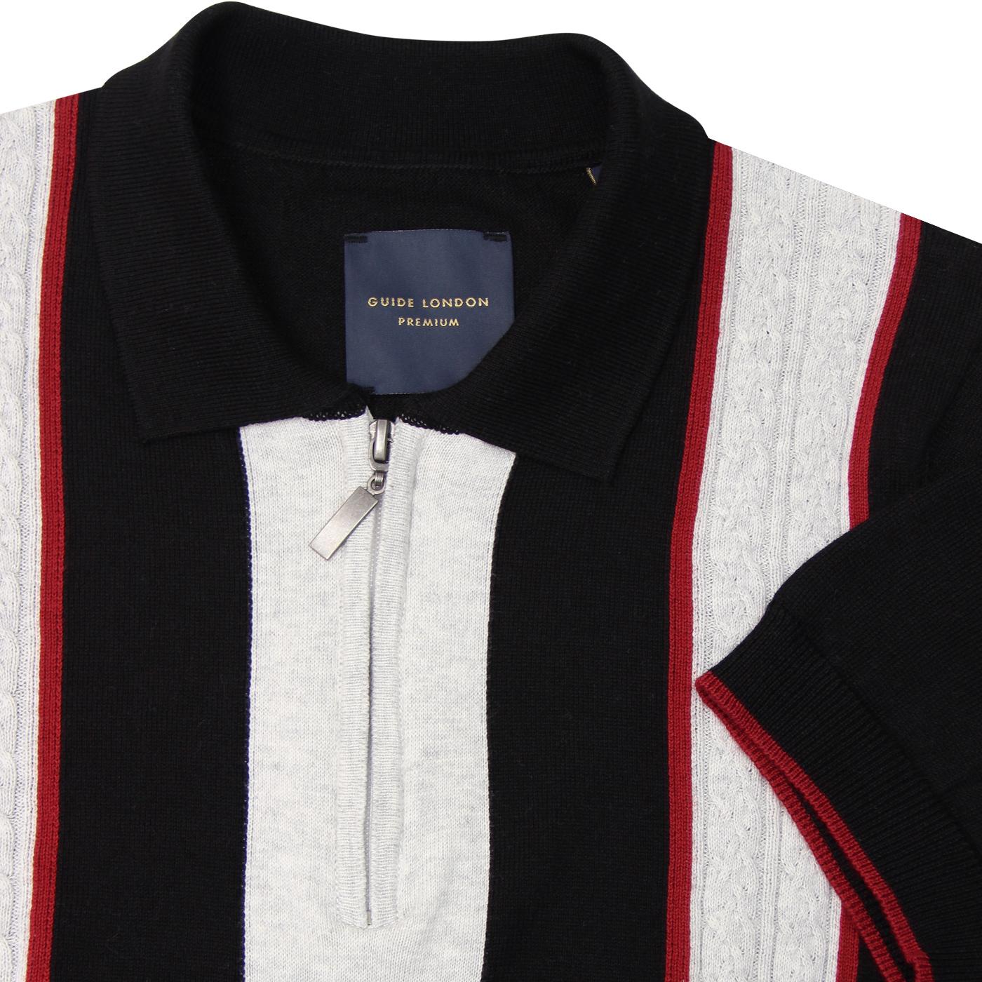GUIDE LONDON Cable Knit Panel Mod Polo Shirt in Black