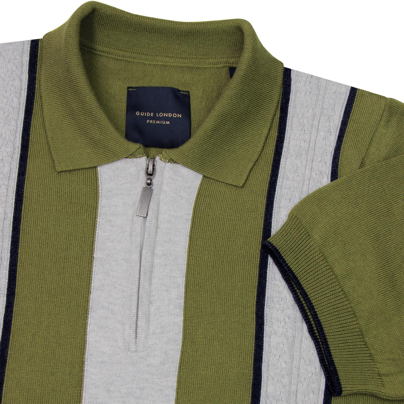 GUIDE LONDON Cable Knit Panel Mod Polo Shirt in Green