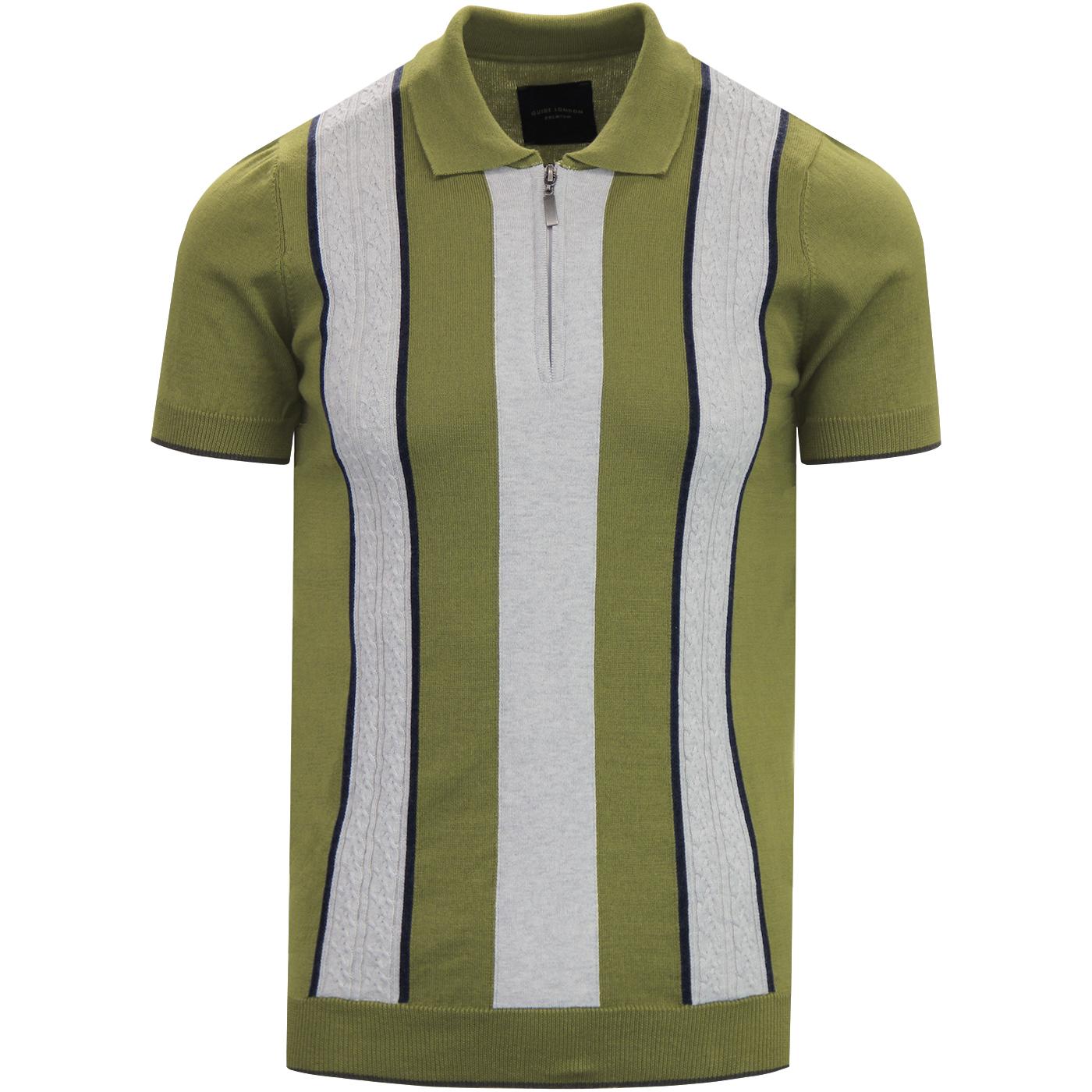 GUIDE LONDON Cable Knit Panel Mod Polo Shirt GREEN