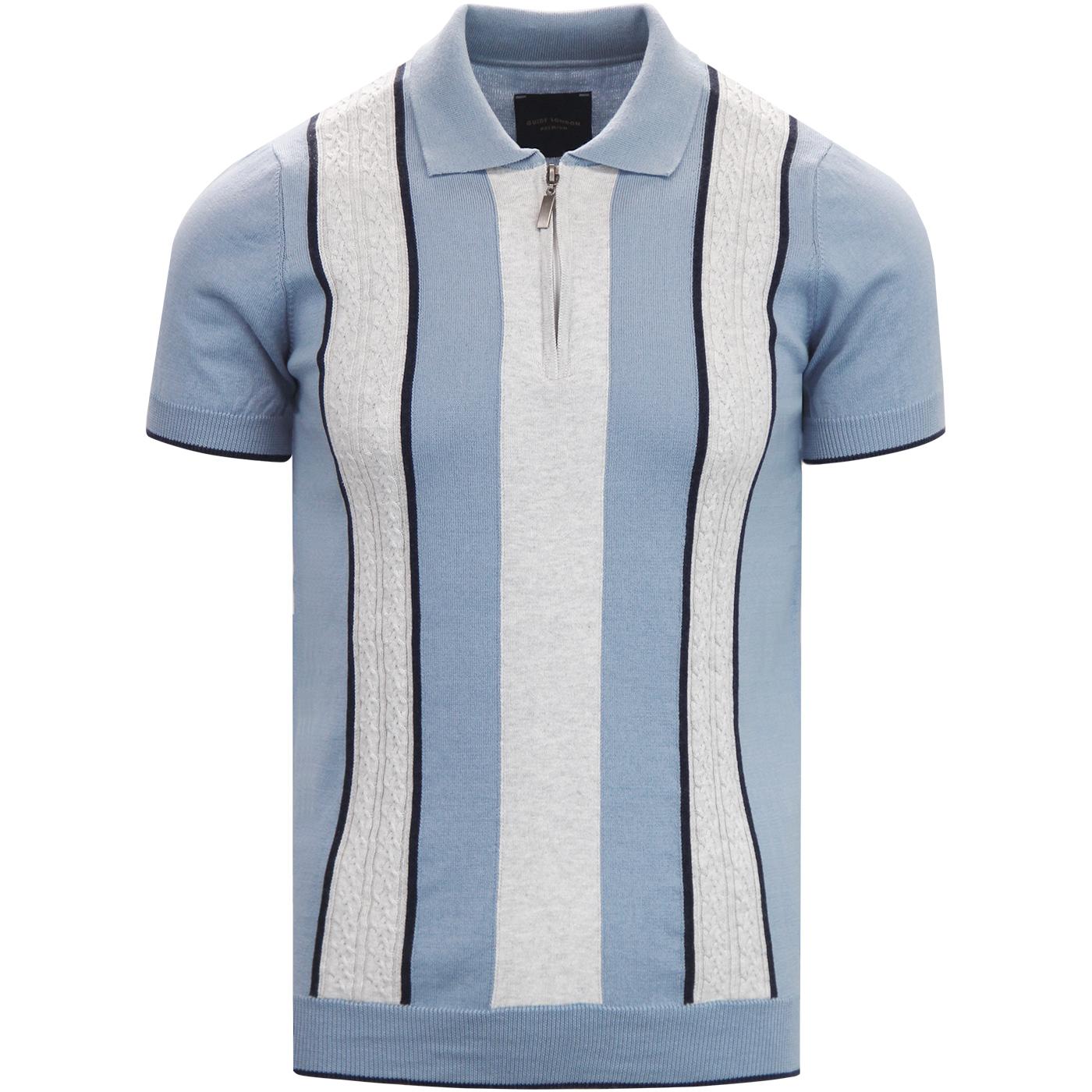 GUIDE LONDON Cable Knit Panel Mod Polo Shirt in Sky