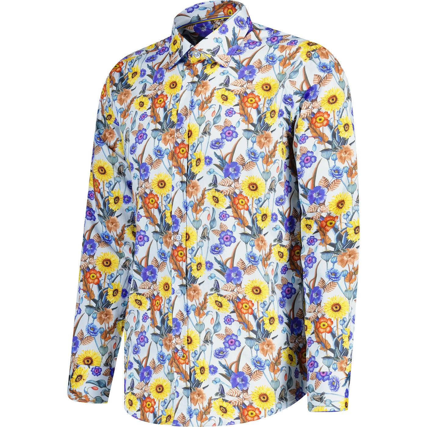 Guide London Retro Bold Floral Long Sleeve Shirt In Sky Blue