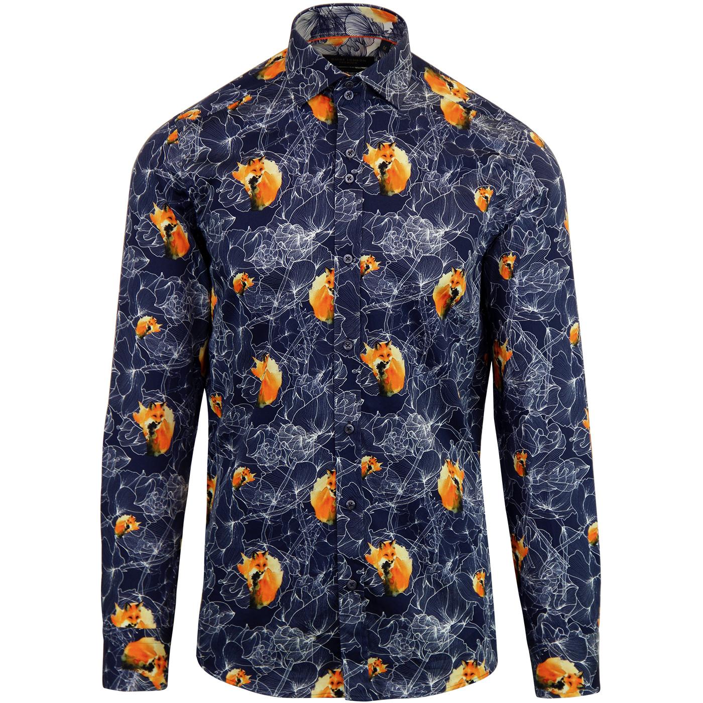 GUIDE LONDON Retro Abstract Floral Fox Sateen Shirt Navy