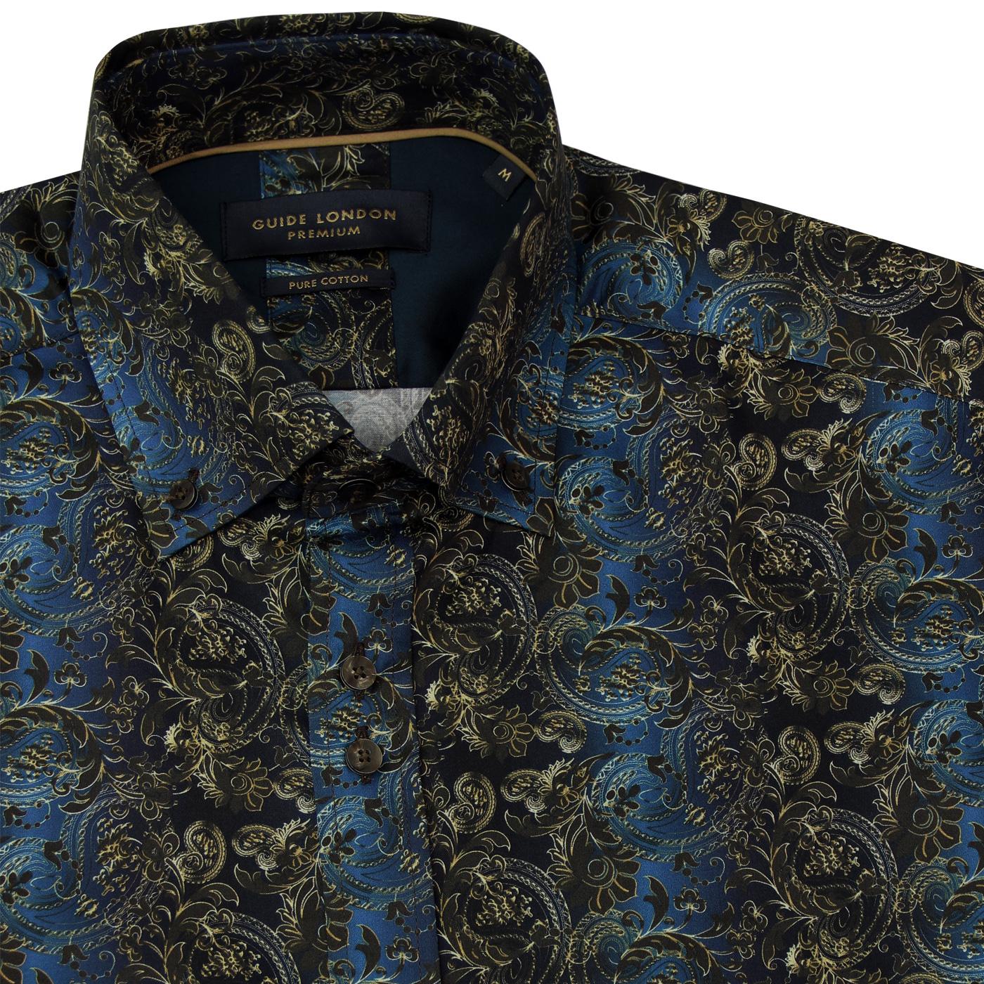 GUIDE LONDON Men's Retro Mod Sateen Paisley Dress Shirt