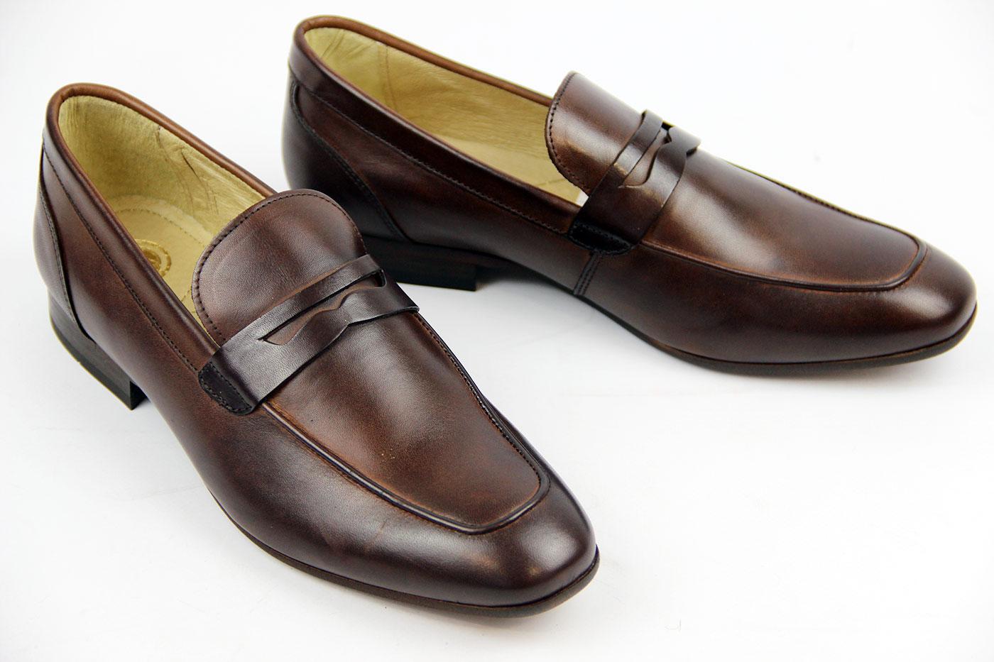 H by HUDSON Reyes Retro 60s Mod Leather Saddle Loafers in Brown