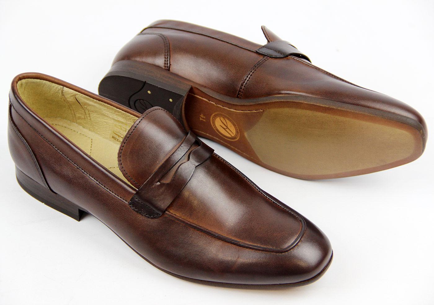 H by HUDSON Reyes Retro 60s Mod Leather Saddle Loafers in Brown