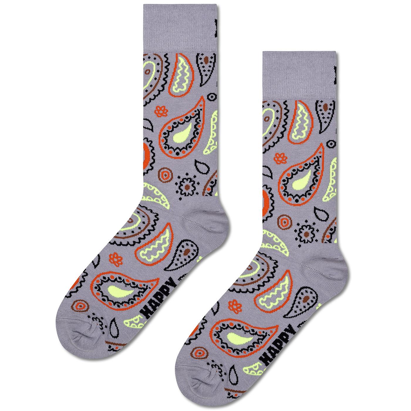 +Happy Socks Retro Paisley Pattern Crew Sock Grey