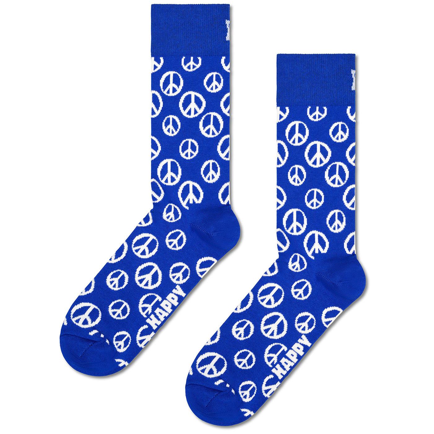 +HAPPY SOCKS Retro 60s Peace Symbol Socks in Blue