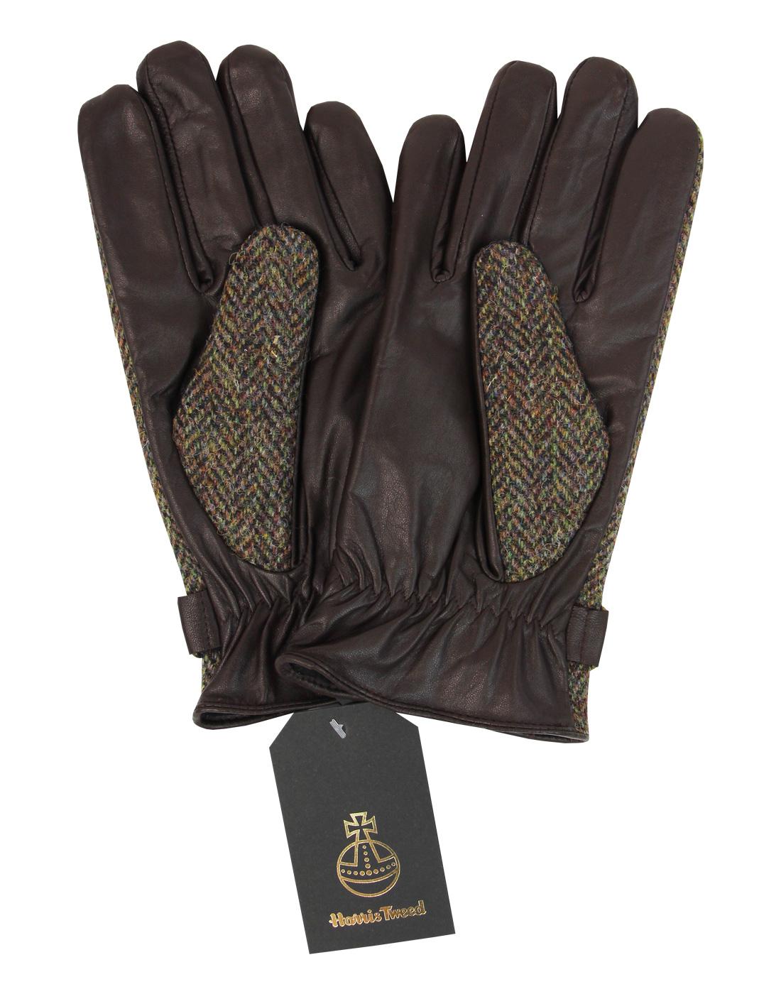 GIBSON LONDON Harris Tweed Mod Herringbone & Leather Gloves Brown