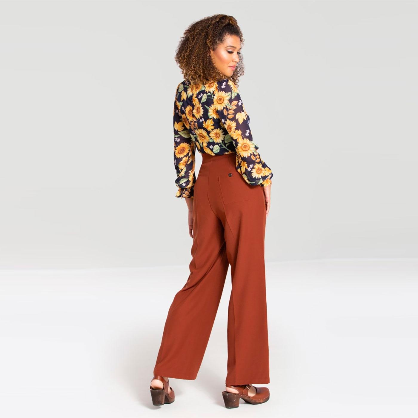 HELL BUNNY Ginger Retro Wide Leg Swing Trousers in Brown