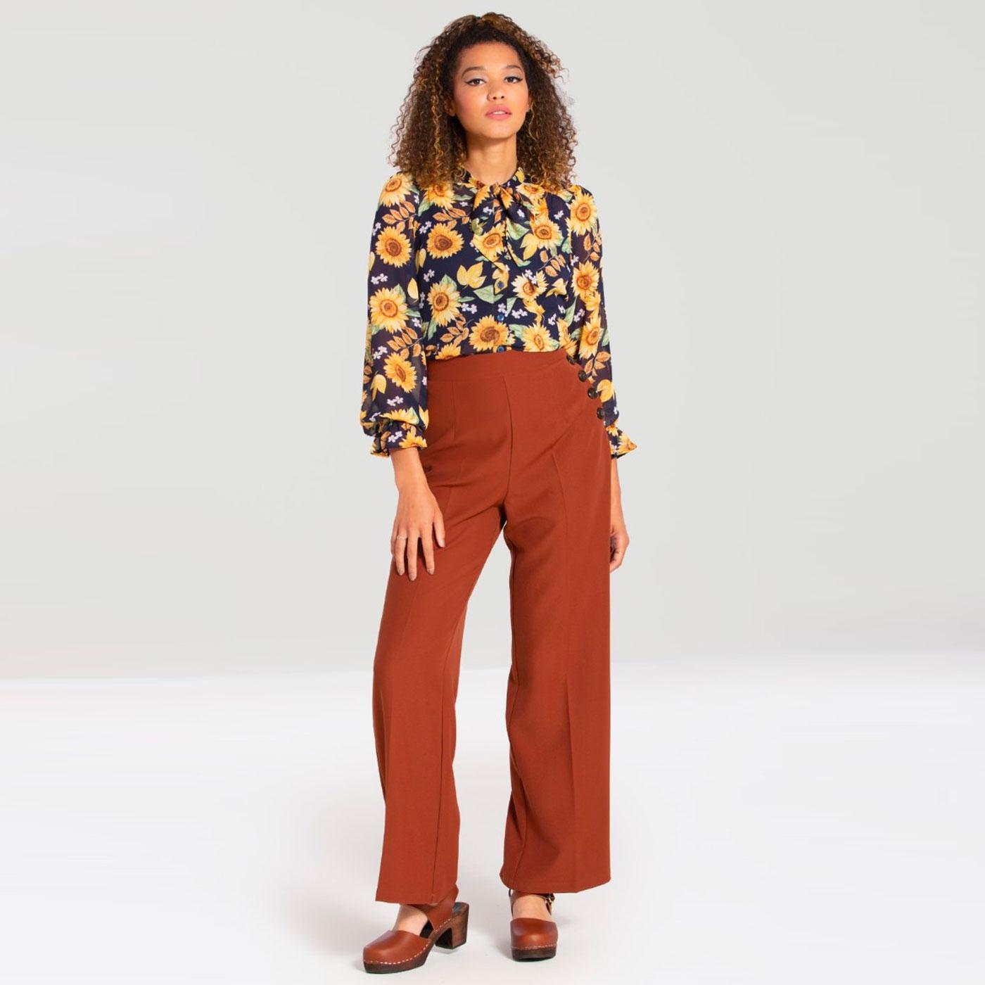 HELL BUNNY Ginger Retro Wide Leg Swing Trousers in Brown