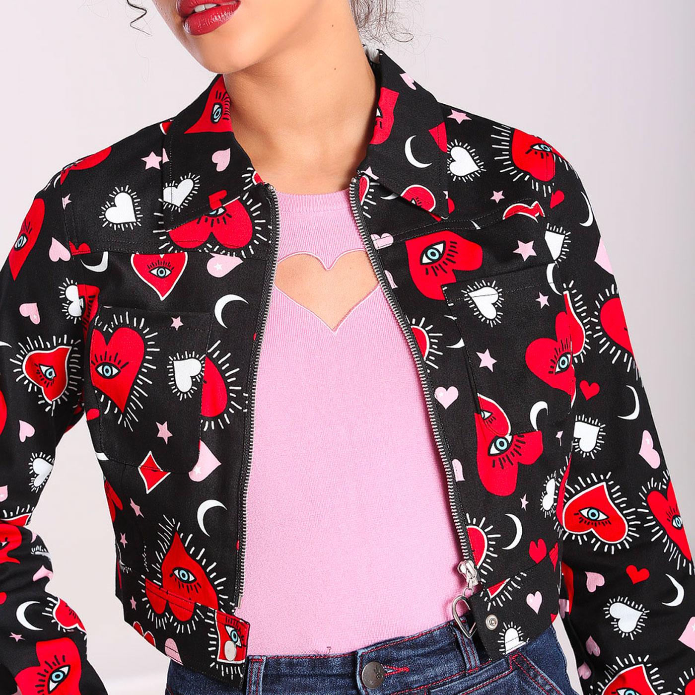 HELL BUNNY Kate Retro Heart Print Cropped Jacket