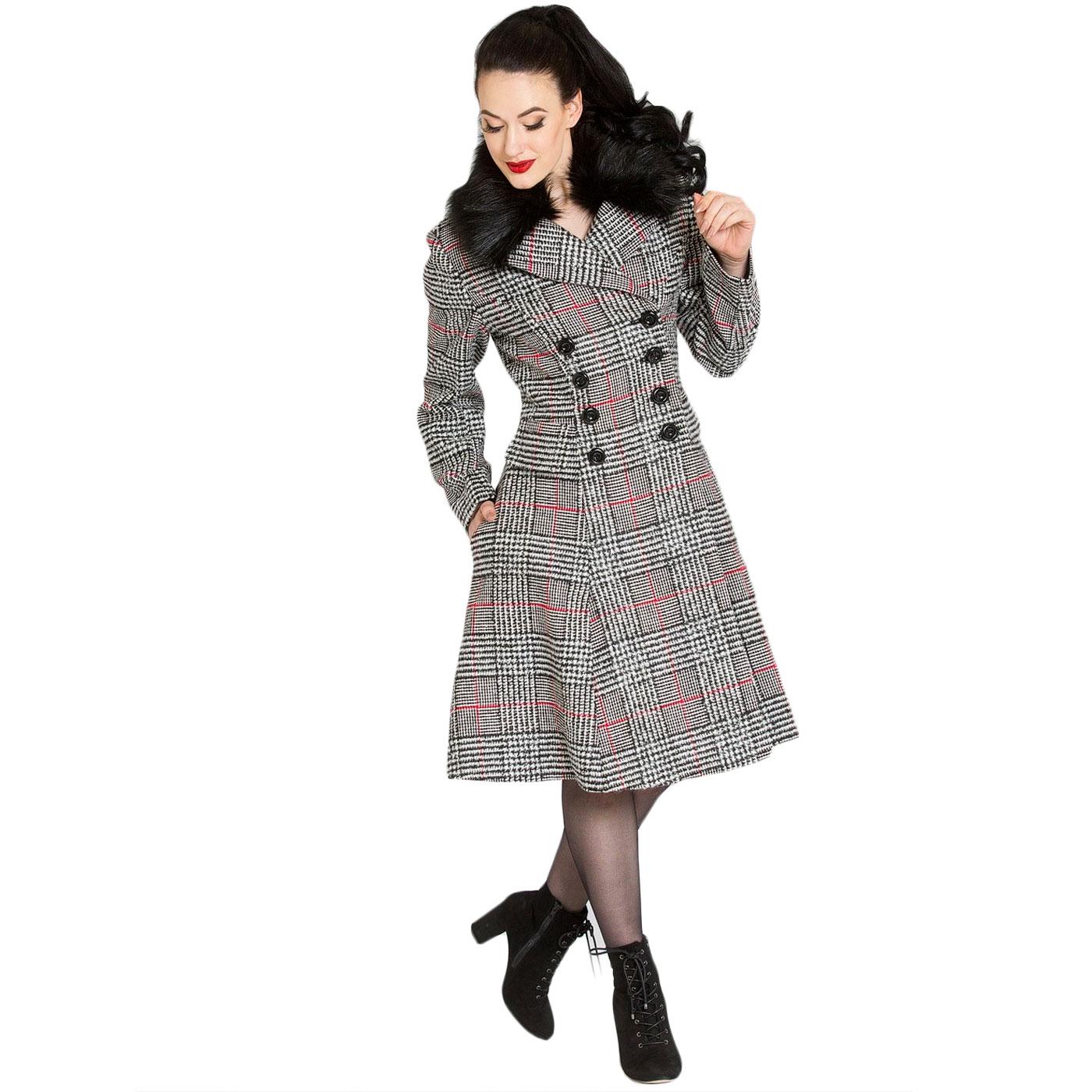 HELL BUNNY Pascale Vintage Check Knitted Winter Coat B/W