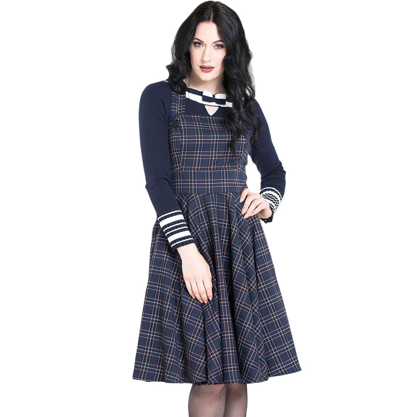 HELL BUNNY Peebles 1950's Tartan Pinafore Dress in Navy