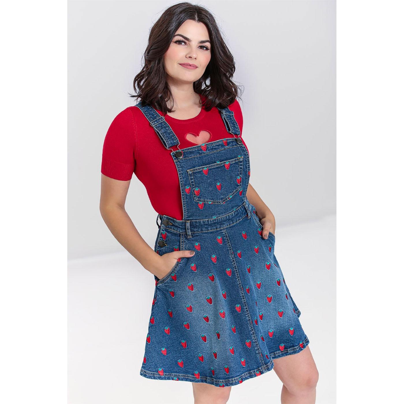 HELL BUNNY Strawberry Retro Denim Pinafore Dress
