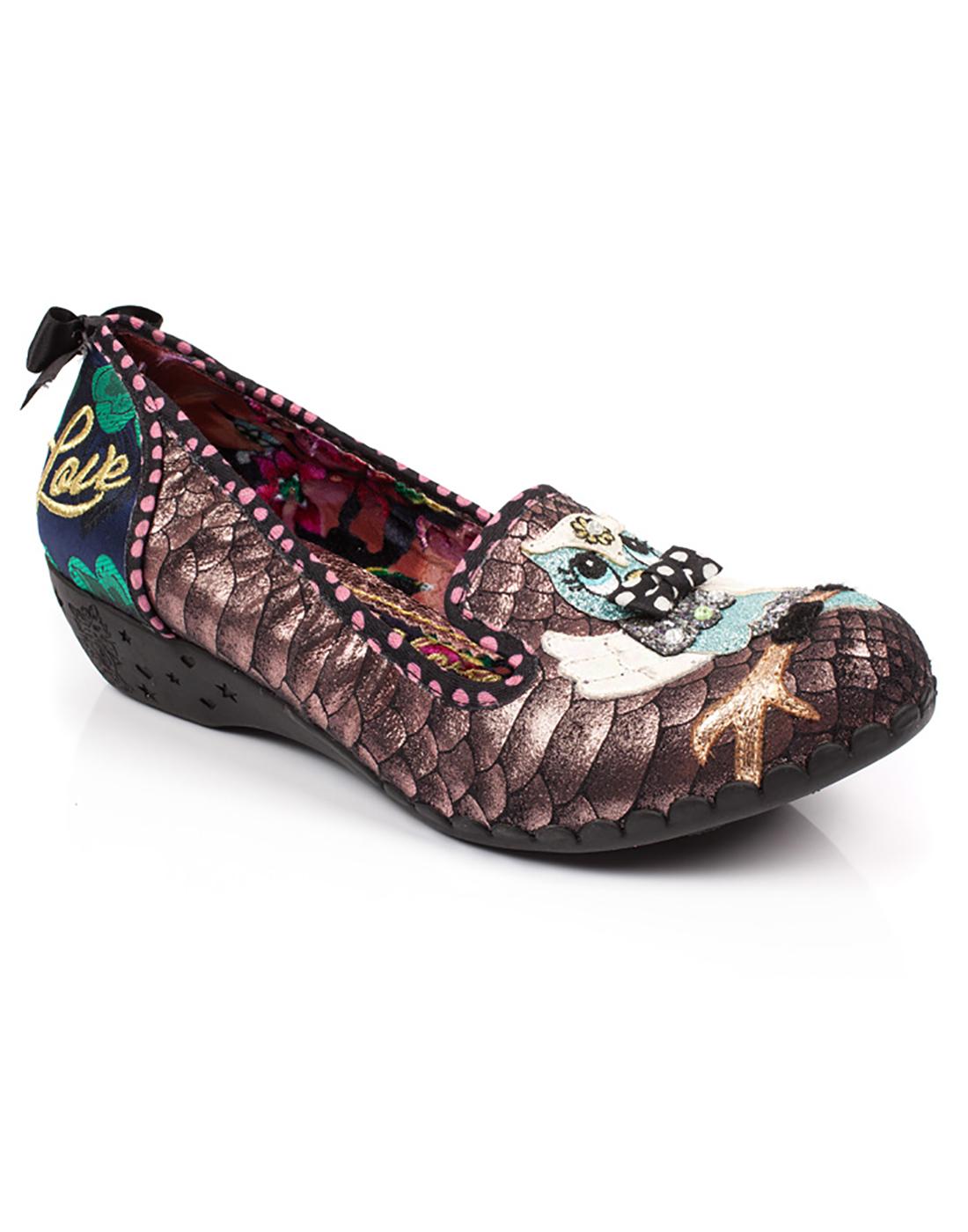 IRREGULAR CHOICE Hooting About Retro Owl Flexi Shoes in Gold