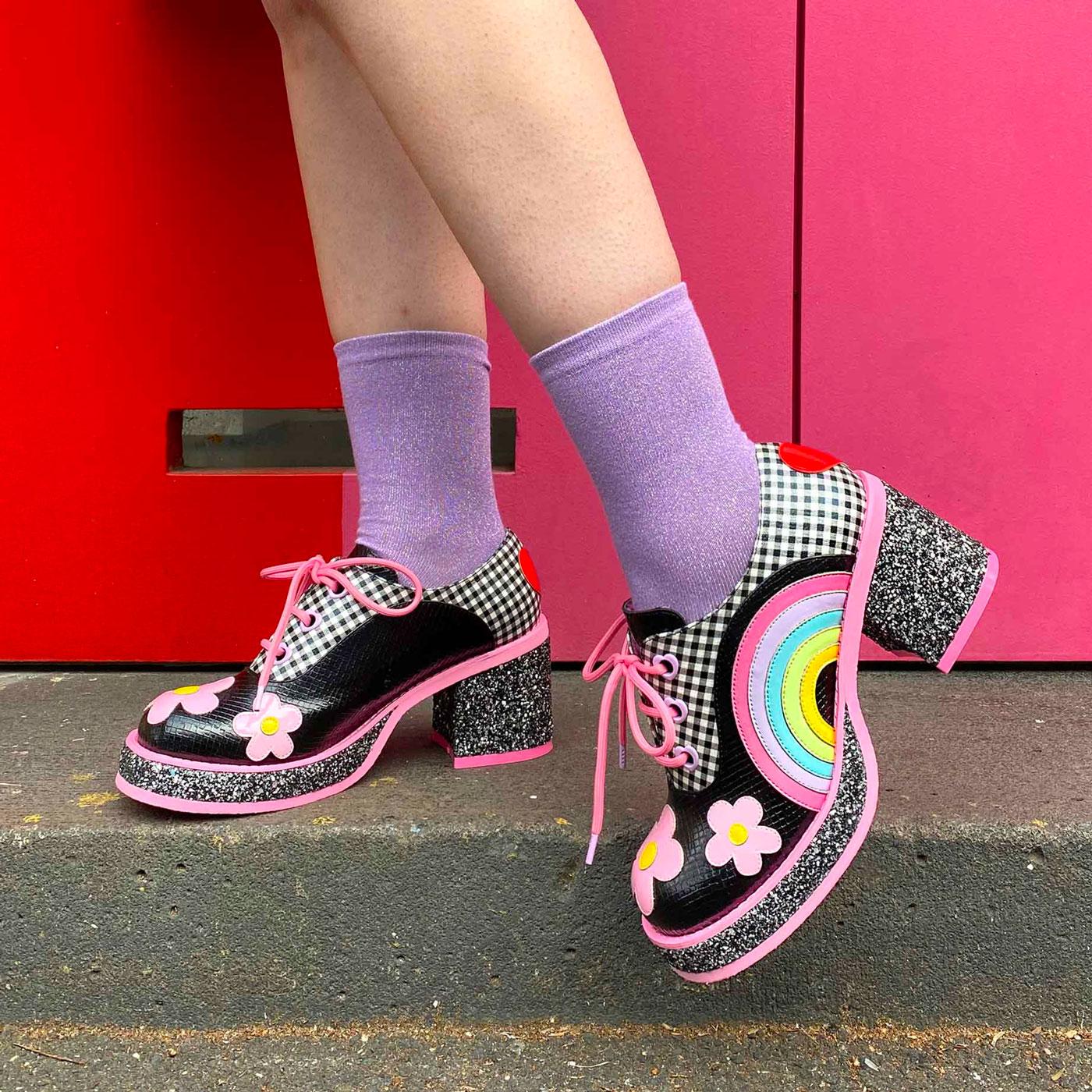 IRREGULAR CHOICE Rainbows & Love 70s Platform Shoes in Black