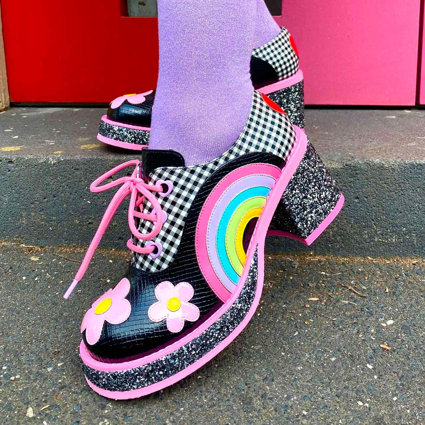 IRREGULAR CHOICE Rainbows & Love 70s Platform Shoes in Black