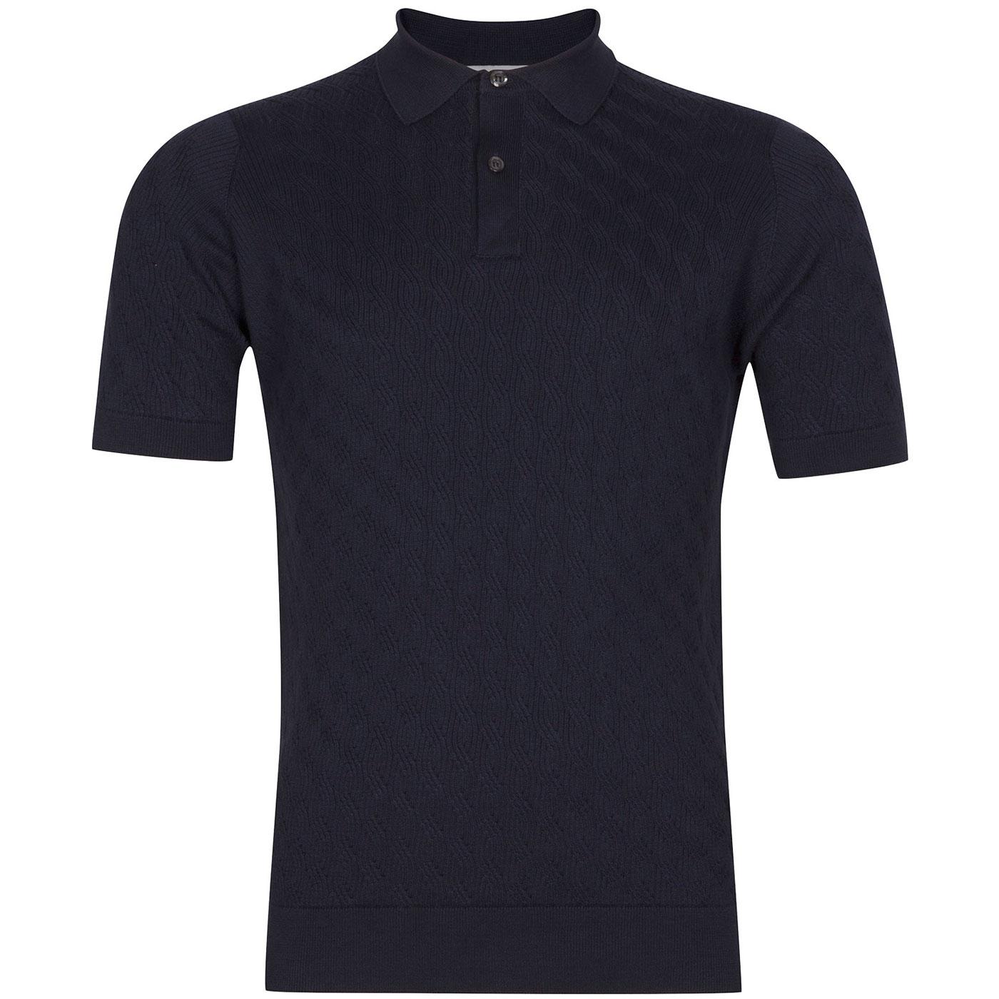 JOHN SMEDLEY Poplewell 60s Mod Cable Knit Polo Top Navy