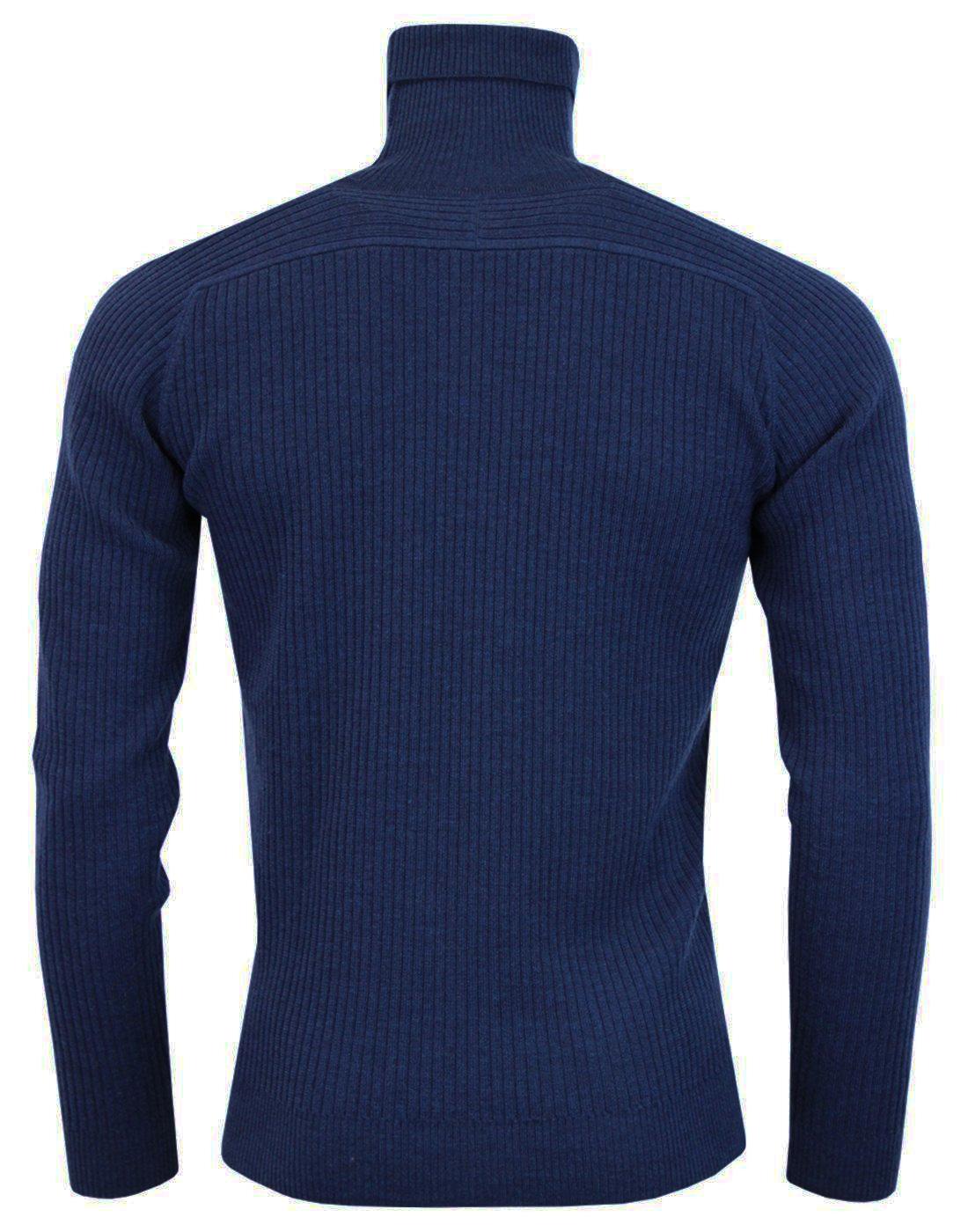 JOHN SMEDLEY Redmayne 1960s Mod Ribbed Roll Neck Jumper in Indigo