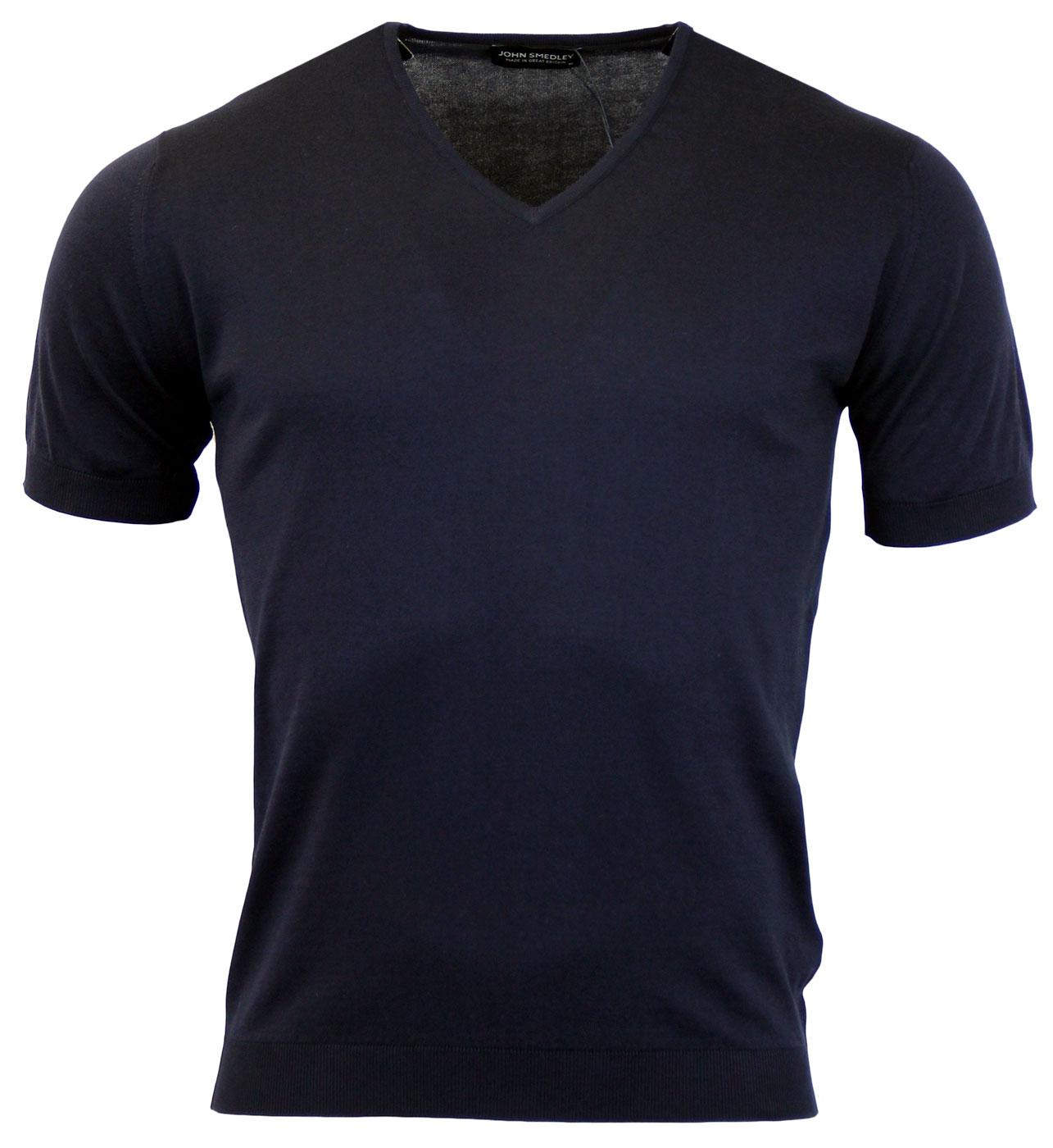JOHN SMEDLEY Braedon Retro Mod V-Neck Knitted T-Shirt in Navy