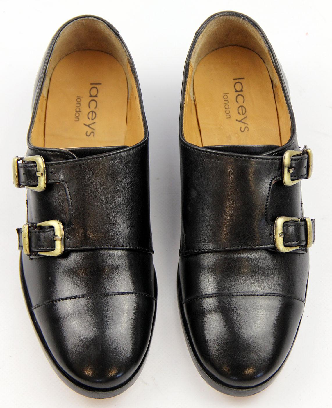 LACEYS Calypso Retro Mod Monk Strap Toe Cap Shoes in Black