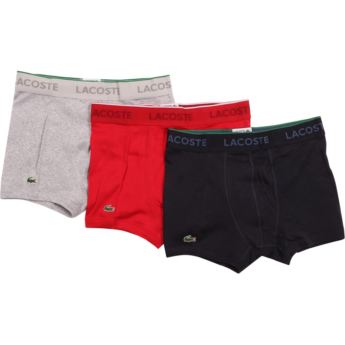+ LACOSTE Mens Signature 3 Pack Trunks in Red/Grey/Navy