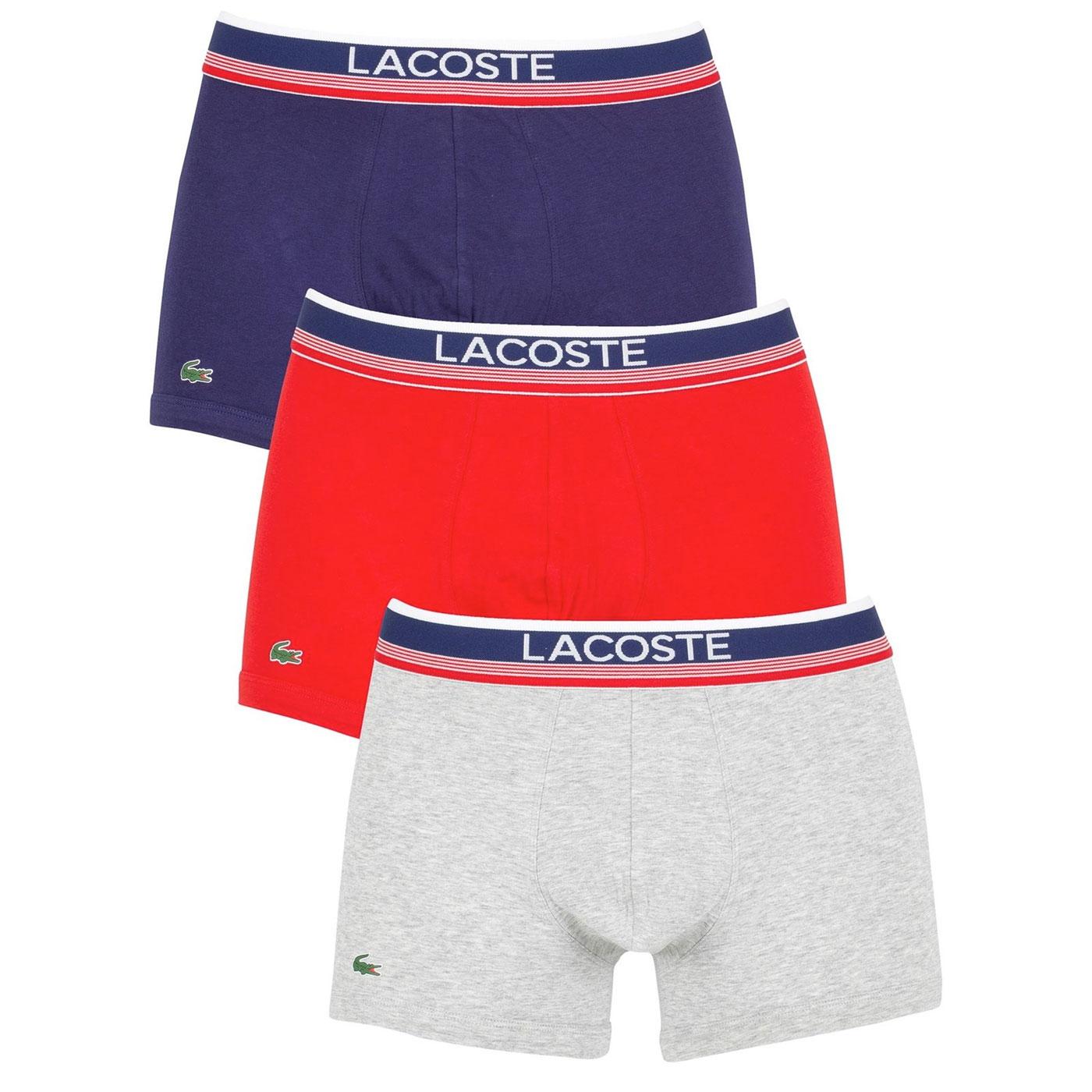 3 PACK LACOSTE COTTON STRETCH 162631 BOXER SHORTS IN BLUE/RED/GREY 
