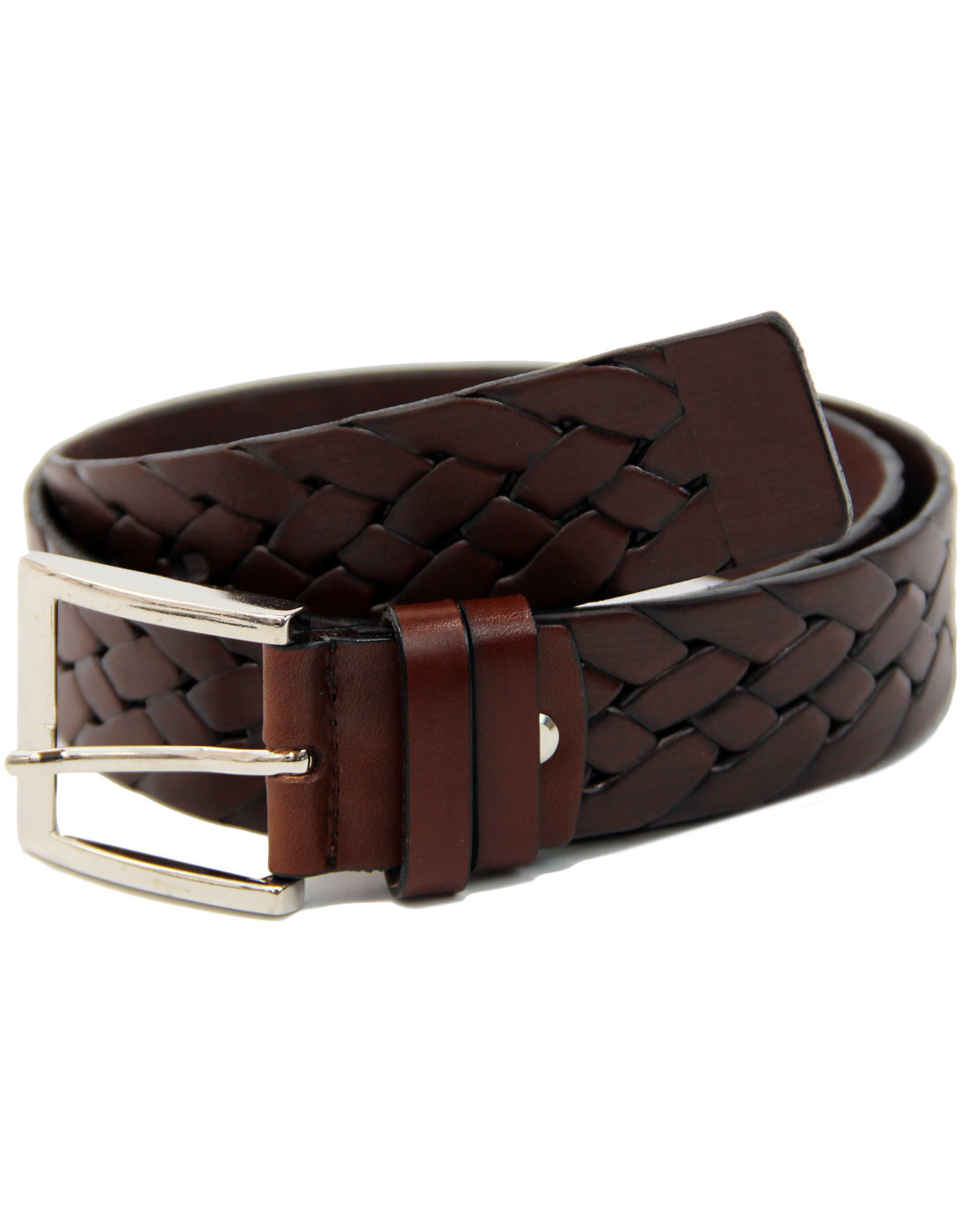 LACUZZO Retro 1960s Mod Woven Stamp Leather Belt in Brown