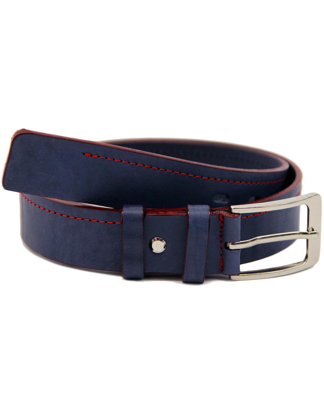 LACUZZO Men's Retro 1960s Mod Red Stitch Leather Belt in Navy