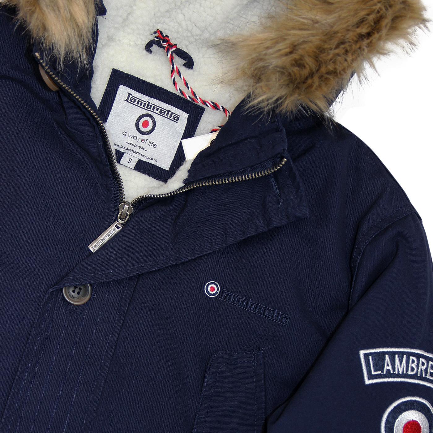 LAMBRETTA 1960s Mod Badged Fishtail Parka Jacket in Navy