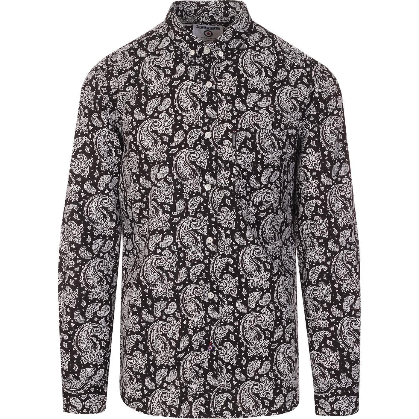 LAMBRETTA 60s Mod Button Down Paisley Shirt in Black/White