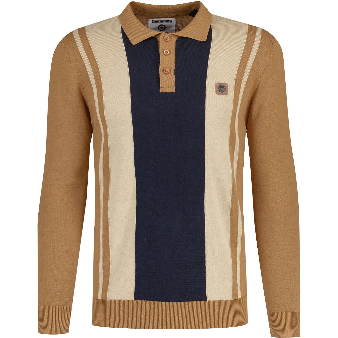 Lambretta Clothing Long Sleeve Vintage Panel Polo in Tobacco