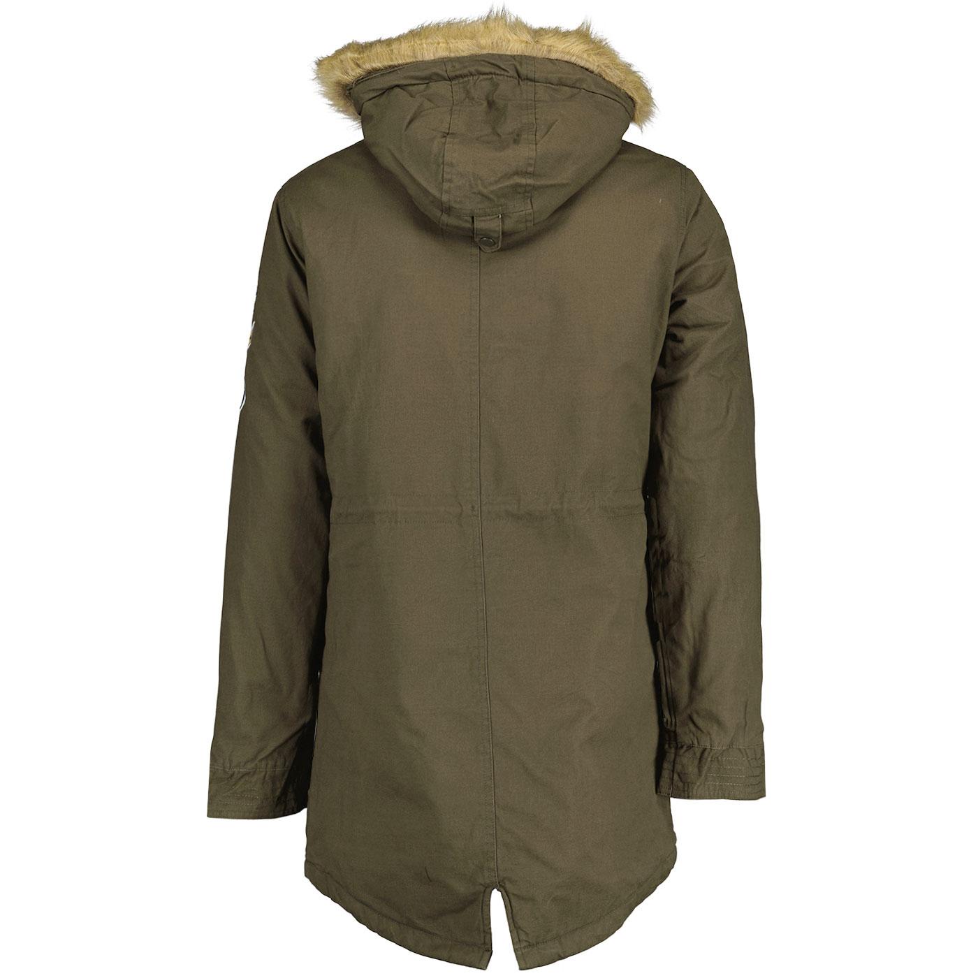 LAMBRETTA Retro Mod Sherpa Lined Fishtail Parka Coat Khaki